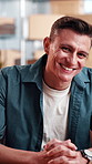 Face, man and ecommerce at small business with smile, logistics and procurement for shipping. Portrait, male person or happy in workplace with entrepreneur, supply chain and supplier for distribution