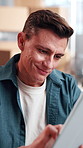 Scroll, tablet and man in small business for distribution, ecommerce or supply chain service. Entrepreneur, supplier or tech in workshop for export, startup growth or stock inventory for logistics