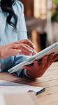 Hands, tablet and woman in small business for logistics, ecommerce or supply chain service. Clipboard, supplier or tech in workshop for export, startup growth or stock inventory for distribution