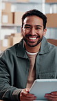 Tablet, man and face of logistics worker in office with confidence for cargo service or distribution. Digital technology, happy and portrait of supply chain manager with pride for about us at startup