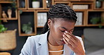 Business, computer or black woman with headache for eye strain, stress or administration in office. Female person, admin mistake or migraine with technology for online report or backlog in workplace