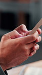 Hands, phone and person in small business for supply chain, ecommerce or distribution service. Entrepreneur, supplier or typing in workshop for export, startup growth or stock inventory for logistics