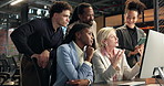 Computer, group and discussion with manager in office for financial project, planning or teamwork. Tech, collaboration and people talking in meeting for strategy, investment idea or problem solving