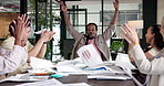 Business, celebration or applause with documents in air for company achievement or success together. Happy people, group or employees clapping with smile or finished paperwork for win or done project