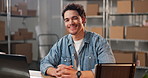 Laptop, face and man in office for supply chain, logistics and distribution service in workshop. Happy, portrait and person with computer, pride and smile for delivery, courier and shipping supplier