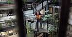 Woman, thinking and phone on stairs for business, research and planning green initiative for company. PR, campaign manager and tech in workplace for policy update, eco project and incentive ideas