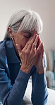 Stress, headache and senior woman in home, financial trouble or mental health pressure in retirement. Pain, tension migraine and elderly person with brain fog, fatigue or debt crisis in bedroom