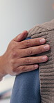 Empathy, nurse or person in home with support, comfort or understanding for medical diagnosis. Health, patient or caregiver in house with shoulder touch, consoling or sympathy for evaluation results.