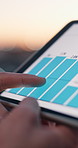 Person, hands and tablet with bar graph in city for performance review, statistics or data analysis. Closeup, employee or analyst with technology display, screen or chart for project management