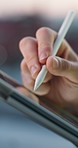 Architect, hands or tablet with pen in city for online building development, design or planning. Person, contractor or civil engineering designer writing on technology for digital construction layout