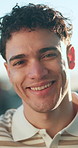 Face, dental and man with smile outdoor, teeth whitening and laugh for oral wellness with dentistry. Gum care, portrait and happy male person with mouth health for hygiene, orthodontics and funny