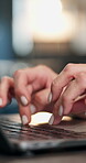 Hands, laptop and typing with business woman in office for accounting or finance report closeup. Computer, keyboard and networking with employee at workplace desk for financial feedback or review