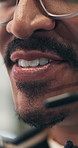 Mouth, call center and man in workplace for communication, contact us and customer support office. Smile, closeup and talking for help desk assistance, telecom and client advisor with microphone
