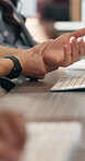 Hands, wrist pain and person at desk with massage, rheumatoid arthritis or carpal tunnel syndrome. Fatigue, joint strain from typing and muscle tension with employee in office, relief or pressure