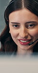 Talking, call center and woman in workplace for customer support, computer and communication. Smile, conversation and technology for help desk assistance, telecom and client advisor with microphone