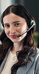 Face, call center and woman in workplace for communication, contact us and customer support office. Happy, professional and about us for help desk assistance, telecom and client advisor with headset
