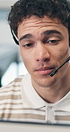 Talking, call center and man in office for customer support, computer and communication. Advice, conversation and technology for help desk assistance, telecom and client advisor with microphone