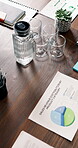 Above, documents and water on table in boardroom for business meeting, review or workshop. Paperwork, statistics and still life with interior of empty office for analysis, data report or development