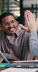 Happy, man and high five in meeting with tablet, team and success for UX design for app development. Office, person and celebration with coworker, tech and software innovation with digital designer.