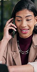 Phone call, happy and businesswoman in office with communication for feedback on revenue growth. Talking, cellphone and financial manager on mobile discussion for investment update in workplace.
