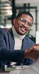 Handshake, smile and businessman with manager in office with deal, agreement or congratulations. Happy, professional and corporate employees shaking hands for meeting, partnership or collaboration.