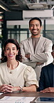 Team, business people and face in office with diversity, workforce and about us at accounting firm. Happy, professional portrait and financial analyst group with staff inclusion, graphs and tech