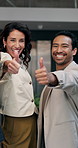 Face, review and thumbs up with business people in office for approval, support or thank you. Feedback, gesture and vote with happy employees in corporate workplace for achievement, like emoji or yes