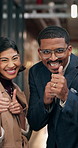 Face, review and thumbs up with business people in office for approval, support or thank you. Feedback, gesture and vote with excited employees in corporate workplace for like emoji, winning or yes