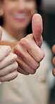 Hands, review and thumbs up with business people in office for approval, support or thank you. Feedback, gesture and vote with employee team in corporate workplace for achievement, like emoji or yes