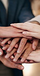People, synergy and hand stack with team in business, solidarity and collaboration for achievement. Office, motivation and partnership with colleagues, unity and celebration together for success