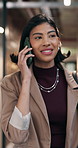 Business, phone call and walking with woman in financial office for conversation or feedback. Communication, finance and progress with accounting employee at investment firm for wealth management