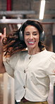 Business, dance and headphones with woman in financial office for arrival or start of corporate job. Energy, finance and music with mature employee at investment firm for wealth management success
