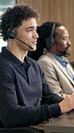 Man, headset and discussion in call center for help, customer support and finance advice. Coworking, insurance agent and mic in agency for client communication, virtual meeting and online feedback