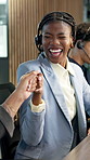 Woman, headset and excited in call center with fist bump, commission target and sales achievement. Insurance agent, happy and tech in agency with hand gesture, client onboarding and coworking support