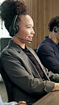 Woman, headset and contact in call center for help, customer support and finance advice. Coworking, insurance agent and mic in agency for client communication, virtual meeting and online feedback