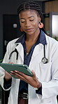 Doctor, tablet and black woman in hospital for medical information, records and telehealth for advice. Female person, technology and scroll on internet for healthcare schedule, results and research