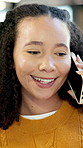 Phone call, happy or woman in office with chat, campaign brief or client feedback on creative pitch. Talking, contact or brand clerk with tech, digital ad response or discussion on marketing proposal