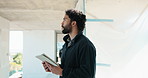 Tablet, man and construction worker in office for research on remodeling, building or renovation. Digital technology, thinking and civil manager with feedback on workplace repairs or maintenance.