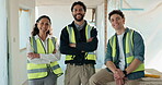 Construction worker, face and team with arms crossed in building, solidarity and career development. Civil engineer, portrait and happy people with project, confident and collaboration for renovation