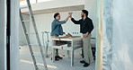 Team, roofing and high five with men on construction site for manufacturing or production process. Woodwork, ladder or collaboration with people for plank, timber framing and renovation or remodeling