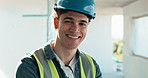 Face, man and electrician at site for construction, compliance and electrical safety for project. Portrait, person and technician with helmet for architecture, power installation and building upgrade
