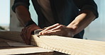 Sanding, carpentry and tool with man on construction site for manufacturing or production process. Cleaning, contractor and diy with person for woodwork, timber framing and renovation or remodeling
