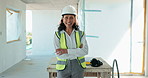 Face, woman and engineer at site with arms crossed, compliance and inspector for construction. Portrait, mature person and smile with helmet for architecture, quality control and building development