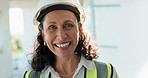 Face, woman and engineer at site with smile, compliance and safety inspector for construction. Portrait, mature person and happiness with helmet for architecture, quality control and building project