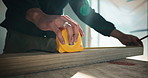 Measuring tape, carpentry and pencil with man on construction site for manufacturing or production. Tools, marking and diy with person for woodworking, timber framing and renovation or remodeling