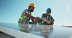 People, electrician and solar panel on rooftop with tablet, inspection and report for installation. Team, talk or photovoltaic grid with digital for maintenance, electrical wiring and quality control