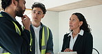 Architect, team and meeting on construction site with conversation for development or partnership. People, discussion and planning with tablet for inspection, agreement or management for architecture