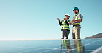Discussion, solar panels and technician team outdoor for maintenance, repairs or renewable energy. People, space and engineers for sustainable deal in meeting on photovoltaic cells for installation.