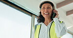 Engineer, high five and men with smile in building, series or communication for construction update. Mature woman, phone call and plan for property development with tablet, discussion and celebration
