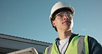 Thinking, man and construction worker with tablet on site with research for building maintenance. Digital technology, outdoor and civil engineer with feedback on repairs, renovation or remodeling.